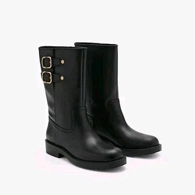 Mango MNG Women's Buckle Black Leather Mid-Calf Riding Boots, NWT, Sz 38, US 7.5 - Image 1 of 4