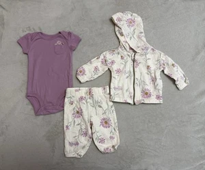 3 Month Baby Girl Clothes 3 Piece Set Purple Flowers Jacket And Pants Outfits - Picture 1 of 10