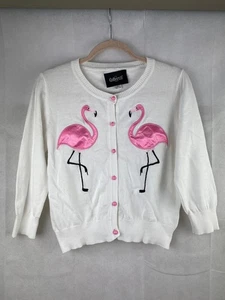 Collectif White Flamingo Appliqué Cardigan Size 18 XXL Pink Pearl Buttons Retro - Picture 1 of 16
