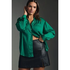 Anthropologie Relaxed Button Down Shirt Emerald Green 1X - Picture 1 of 10