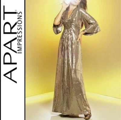 NEU WOW PAILLETTEN ABENDKLEID LANG STRASS-ELEMENT 34/17 APART taupe 229€ *379170 - Bild 1 von 4
