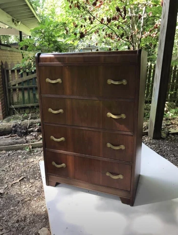 Vintage l 30s Art Deco Waterfall Wood Chest Dovetailed Drawers Dresser Storage Cover