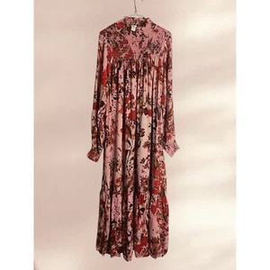 H&M Pink Red Floral Long Maxi Kaftan Dress Size 12 Smocked Smoked Upper Shoulder - Picture 1 of 20