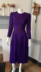 abito midi vintage anni 80 90 con perline viola uva soutache orlo pieghe - Foto 1 di 17