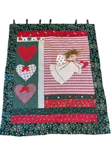 Handmade Christmas Patchwork Wall Hanging Green Red Angel Hearts 23 X 28” READ - Picture 1 of 9