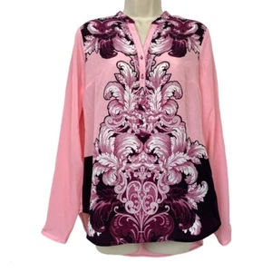 New York & Company Silky Tunic Top S Pink Paisley Long Sleeve Career Women Small - Picture 1 of 11