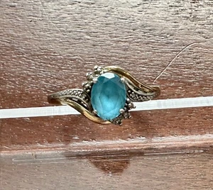 Sterling Silver 925 10k Yellow Gold Blue Topaz Diamond Accent Ring Sz 9.5 - Picture 1 of 9