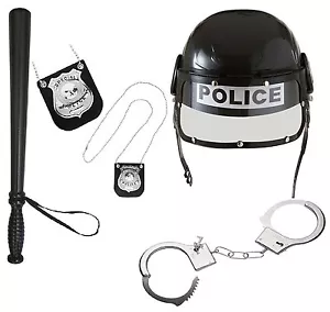 Adult Police Officer Hard Plastic Police Helmet with Visor Badge Truncheon Cuffs - Picture 1 of 1