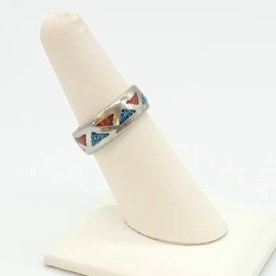 Anillo con incrustaciones de turquesa y coral aplastado banda de eternidad tono plata 6,25 Foto 1 de 4