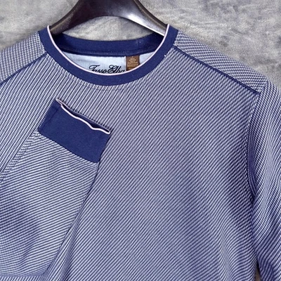 Tasso Elba Sweater Mens Small Blue White Crewneck Textured Knit Pocket Pullover - Image 1 of 4