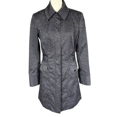 Etcetera women's black animal print full zip mid length trench coat size 6 - Image 1 of 4
