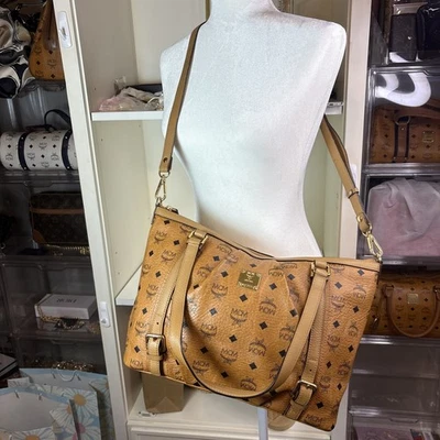 MCM Cognac Visetos monogram coated canvas and leather tote bag. - Image 1 of 4