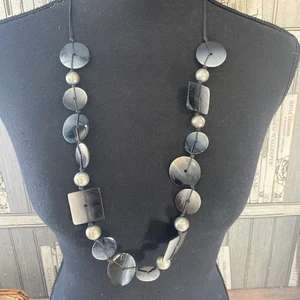 Grey Long Necklace Glass Squares Circles - Picture 1 of 7