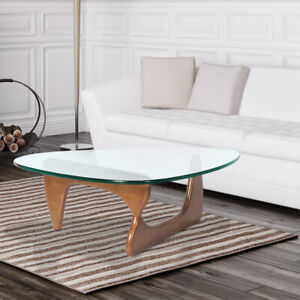Modern Coffee Table Dark Walnut Wood Base Clear Glass Authentic Triangle
