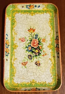 Lime & Cream Crackled Painted Paper Mache Tole Roses Dresser Pin Jewelry Tray 9" - Picture 1 of 5
