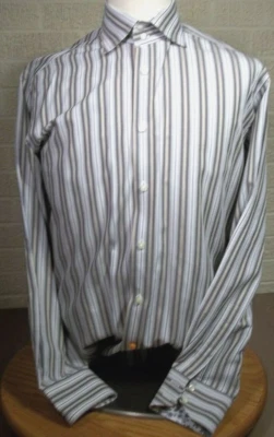 Thomas Dean Striped Gray Blue Dress Contrast Cuff Mens Button Up Shirt Sz Medium - Image 1 of 4