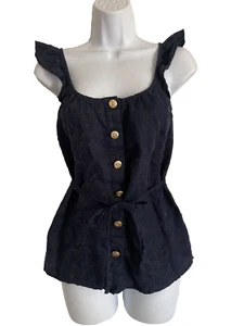 Juicy Couture Linen Jacquard Floral Blue Top Women Sz 0 Sleeveless Belted Blouse - Picture 1 of 9