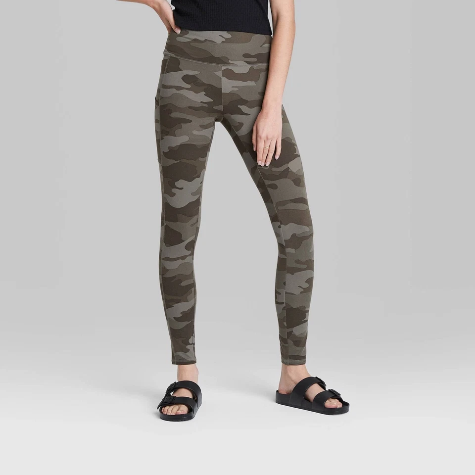 Leggings suaves Wild Fable para mujer longitud completa verde camuflaje tiro alto cintura ancha  Foto 1 de 4