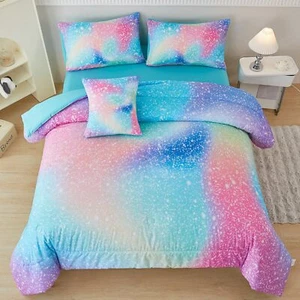 Queen 6Pieces Glitter Pink Comforter for Queen Size Bed, Colorful Tie Dye Ombre - Picture 1 of 6