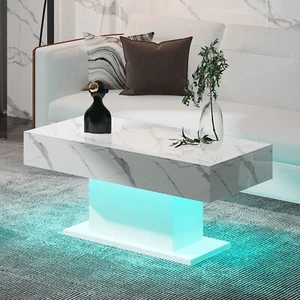 LED Coffee Table with Lights Center Cocktail Table Living Room High Gloss Marble - Picture 1 of 10