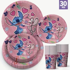 30 Pcs Pink Stitch Paper Plate Cup Set Birthdays Party’s Celebrations Picnics - Picture 1 of 2