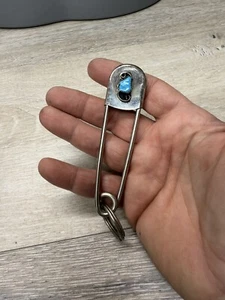 Portachiavi turchese vintage nativi americani oversize grande spilla di sicurezza argento - Foto 1 di 5