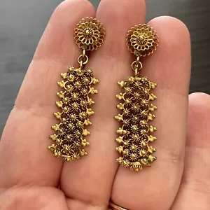 Antique Victorian 14k Gold Cannetille Etruscan Screw Back Dangle Earrings - Picture 1 of 10
