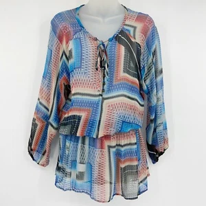 12th St. by Cynthia Vincent Silk Sheer Blouson Mini Dress Blue Red Geometric XS - Picture 1 of 7