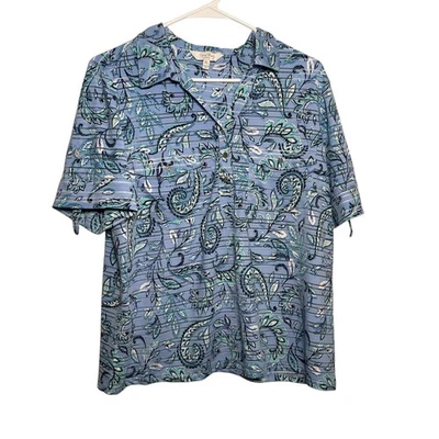 Blusa para mujer Coral Bay pequeña grande azul floral a rayas malla manga corta Foto 1 de 4