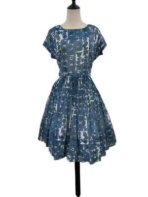 "Vestido Floral Azul Verde Años 50 De Colección 29"" Cintura Falda Completa Cottagecore Semi Transparente" Foto 1 de 4