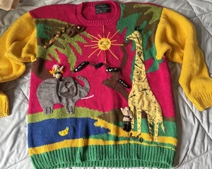 Vintage 90er 3D Raquels Collection Neuheit Pullover SM Zoo Tiere sonnig - Bild 1 von 10