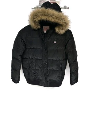 Chaqueta de invierno Levis para mujer negra bombardero esquí con capucha de piel sintética grande Foto 1 de 4