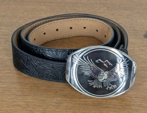 Award Design Medals Belt Buckle On Tooled Leather Belt Size 42-44 Made In USA - Picture 1 of 8