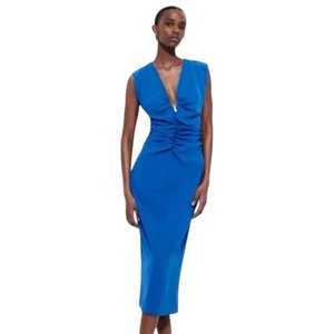 Zara Dress Women Medium Royal Blue Ruched V Neck Sleeveless Midi NWT Party - Picture 1 of 12
