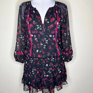 JOIE Grover 100% Silk Dress XS Black Pink Floral Mini Ruffle Blouson Smocked - Picture 1 of 11