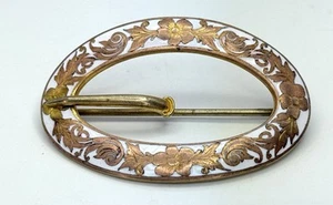 ANTIQUE ART NOUVEAU VICTORIAN FLORAL ENAMEL INLAY BRASS SASH BROOCH BUCKLE #498 - Picture 1 of 10