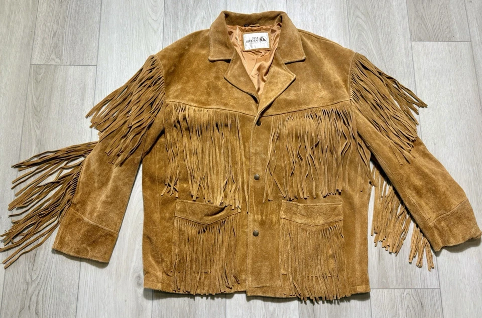 80s Sea Dream Suede Leather Fringe Western Jacket Tan Boho Cowboy Men’s Large - Image 1 of 4