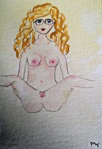  ACEO Original - Girl Nude Illustration Watercolor 2.5 x 3.5 Signed by MY - Picture 1 of 2