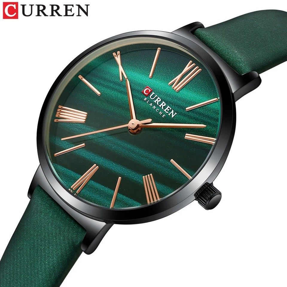 CURREN Women's Minimalist Quartz Watch Green Leather Strap  Wristwatch For Gift Foto 1 de 1