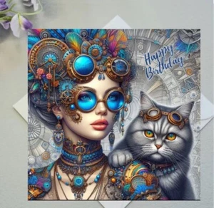 Steampunk Alternative Sexy Lady With Black Cat Birthday Card Steam Punk Cards - Picture 1 of 4