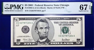 2001 $5 Federal Reserve Note Fr-1988-G Chicago PMG67 Superb Gem EPQ - Picture 1 of 4