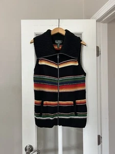 VTG Lauren Ralph Lauren Active Wool Blend Black Multicolor Striped Zipper Vest L - Picture 1 of 6
