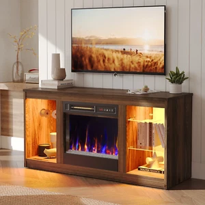 Modern Electric Fireplace TV Stand for TVs up to 55", with LED and glass shelves - Picture 1 of 11