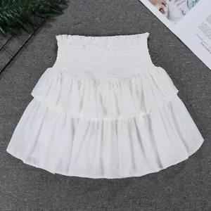 Lady Mini Skirt High Waist Layered Ruffle Flared Shirred Tiered Solid Pleated - Picture 1 of 10
