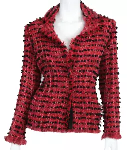 LANVIN Red & Black Wool Boucle Tweed Fringed Button-Front Jacket 36 - Picture 1 of 6