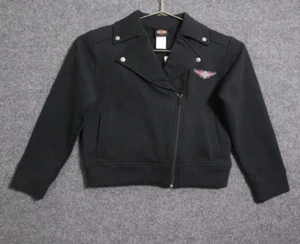Harley Davidson Jacket Girls 7/8 Black Fleece Biker Zip Up Collared Everyday NWT - Picture 1 of 7