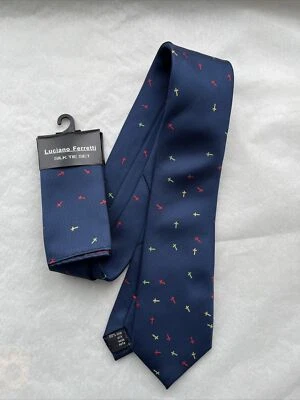 Luciano Ferretti 100% Seda Corbata y Bolsillo Cuadrado Set Azul con Cruces Nuevo Foto 1 de 4