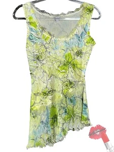 Komarov Top Small Crinkle Stretch Tank Shirt Bluse gelb grün geblümt Y2K - Bild 1 von 13