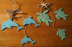 Green & Blue Glitter Dolphin Sea Turtle Christmas Ornaments Nautical Beach Decor