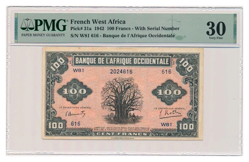 FRENCH WEST AFRICA banknote 100 Francs 1942 PMG VF 30 - Image 1 of 4